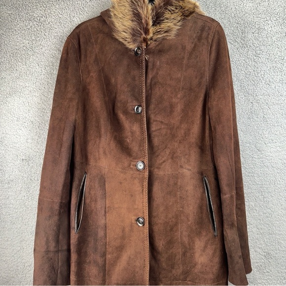 Artico Jacket Womens 8 Brown Original Shearling Leather Suede Long Trench Coat - Picture 8 of 13